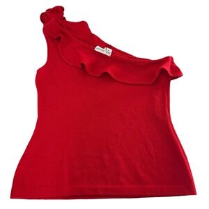 St John evening women’s red ruffle neck cold shoulder rib knit top blouse size L